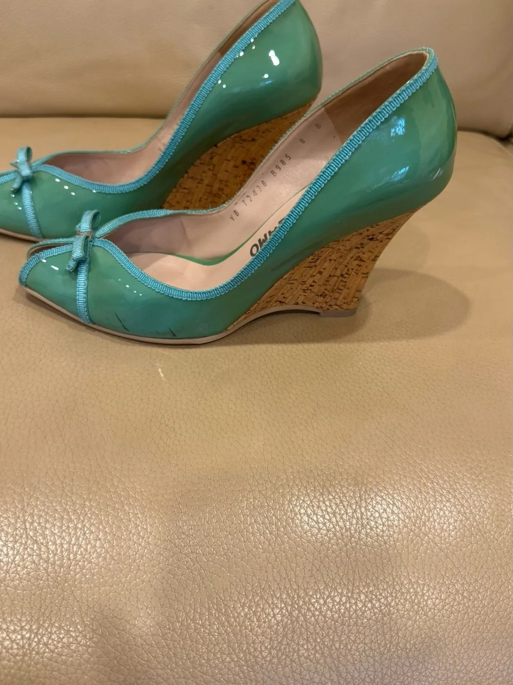 Salvatore Ferragamo Mint Green Patent Peep-Toe Pumps with Bow Accent